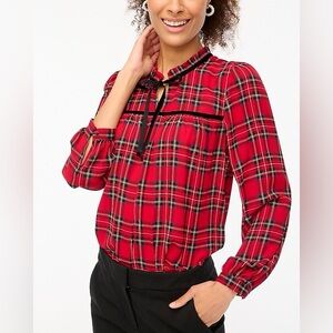 J. Crew Factory Velvet Tie-Neck Blouse In Bright Red Tartan Plaid Size Medium